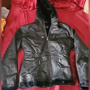 Serge Platini Coat Jacket Leather with hoodie Women M BlackPre-owned